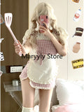 Dodobye 2025 Summer Fashion Outfits Chic White Puff Sleeve Blouse + Pink Plaid Strap Dress Female Sweet Kawaill Y2k Short Party Suits