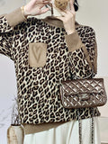 christmas outfit Dodobye Long Sleeves Loose Leopard Split-Joint High Neck Pullovers Sweater Tops