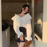 Dodobye Sexy Off Shoulder Sweet Blouse Women Korean Fashion Ruffles Elegant Cropped Shirt Fall Lace Up Design Lady Chic White Tops