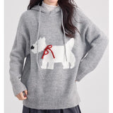 Dodobye Dog Printed Cute Hooded Sweater Knit Women Y2k Drawstring Long Sleeve Pullover Sweater Loose Casual Hoodies Fall Winter