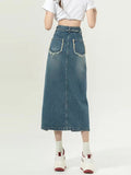 Dodobye Women's Blue A-line Denim Skirt with Slit Vintage Aesthetic Y2k Jean Skirt Harajuku Korean Long Cowboy Skirts 2000s Clothes 2025