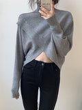 christmas outfit Dodobye Long Sleeves Asymmetric Solid Color Split-Front High-Neck Knitwear Pullovers Sweater