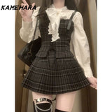 Dodobye Japanese Retro Sweet and Spicy College Style Girl Design Strap Shirt Plaid Vest High Waisted Pleated Skirt 3 Piece Sets