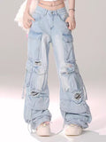 Dodobye Women Blue Baggy Cargo Jeans Harajuku Ripped Denim Trousers Y2k Aesthetic Vintage Japanese 2000s Style Jean Pants Trashy Clothes