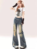 Dodobye Women Blue Baggy Ripped Jeans Harajuku Denim Trousers Y2k Vintage Japanese 2000s Style 90s Aesthetic Jean Pants Trashy Clothes