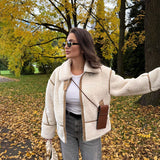 christmas outfit Dodobye Fashion Contrast Spliced Zipper Lapel Lamb Wool Jacket Women's Chic Casual Thick Warm Long Sleeve Coat Ladies Chic Outwear 2024