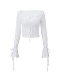 Dodobye-Ribbed Bow Lace Up Flare Long Sleeve Knit