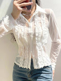 Dodobye-Ruffle Trim Sheer Mesh Long Sleeve Blouse