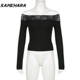 Dodobye Black Lace Stitched Slash Neck Crop Tops Elegant Sexy Skinny Long Sleeve T-Shirts Women Harajuku Y2k Spring Tees Basic