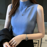 Black Friday Dodobye Solid Elegant Vest Women Fashion Blue Soft Elastic Half High Neck Sweater Office Lady Slim Korean Knitted Sleeveless Basic Tops