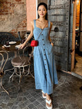 Dodobye Fashion Denim Single Breasted Strap Dress Women V-neck Sleeveless Backless Pocket Spliced  Dresess 2024 Summer Lady Casual Robes