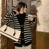 Black Friday Dodobye Striped Knit Cardigan Women Black White Patchwork Fall Winter Warm Button Sweater Fashion Elegant Loose Chic Twist Coat