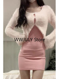 Dodobye Autumn Sexy Strap Y2k Mini Dress Sets Women Pink Sweet Sweater Tops Elegant Bodycon Slim 2 Piece Skirt Dress Korean Fashion 2025