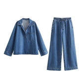 thanksgiving outfit Dodobye 2024 Spring Summer Casual Denim Women Suits Fashion Vintage Turn-down Collar Pocket Shirts+Chic Drawstring Wide Leg Pants