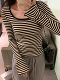 Dodobye-Striped Print Square Neck Slim Long Sleeve Tee