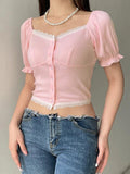 Dodobye Puff Sleeve Pink Slim Short Sleeve Knits