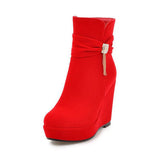 thanksgiving outfit Dodobye Sexy Red Women Ankle Boots Round Toe Wedges High Heel 11cm Flock Suede Big Size 42 43 Red Female Booties