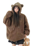 Dodobye Womens Brown Bear Lamb Velvet Thick Cardigan Sweater Loose Hooded Sweater Cute Design Autumn Winter Warm Tops Y2K Hooded Sweater