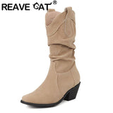 thanksgiving outfit Dodobye Pleated Women Mid Calf Boots Toe Block Heels 6cm Slip On Flock Suede Size 44 45 Daily Bota