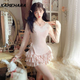 Dodobye Japanese Sweet Kawaii Girl Round Neck Lace Slit Top Harajuku Style Slim Fit Pink Cake Skirt Y2k Two-piece Sets Платье