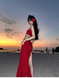 Dodobye 2025 Summer Red Sexy Holiday Dress Suit Hot Girls 2000s Sweet Casual Camios + Elegant Fashion Midi Skirt Beach Style Clothing