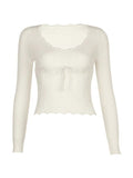 Dodobye-French Solid Pointelle Wavy Trim Lacing Sweater