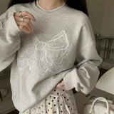 christmas outfit Dodobye Round Neck Embroidered Bow Pullover Sweatshirt