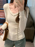 Dodobye-Solid V Neck Seam Detail Slim Long Sleeve Knit