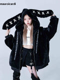 christmas outfit Dodobye Autumn Winter Sweet Cute Kawaii Soft Thick Warm Black Faux Fur Coat Women with Bunny Ears Cute Fluffy Jacket Hoodie