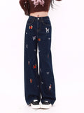 Dodobye Women's Dark Blue Y2k Baggy Jeans Harajuku 2000s Oversize Pattern Print Denim Trousers Vintage Jean Pants Trashy Clothes 2025