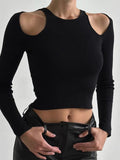 Dodobye-Solid Cutout Cropped Long Sleeve Knit