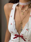 Dodobye Ruffled Cherry Embroidery Halter Neck Top