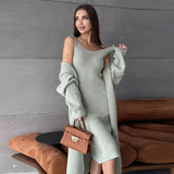 Black Friday Dodobye Casual Knitted Sling Dresses Cardigan Set Women Loose Solid V-neck Knitwear Long Open Sweater Woman's Sets Autumn Chic Oufits