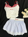 Dodobye Summer Sweet Lace Slim 4 Piece Set Women Fashion Y2k Elastic V Neck Sling Plaid Tops Female + Elastic Waist Bow Short Pants 2025