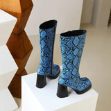 thanksgiving outfit Dodobye Platform Mid-Calf Boots Toe Chunky Heels Snakeskin Leather Big Size 32-48 Blue S2753