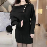 Black Friday Dodobye Sexy Knit Dress Women Elegant Slant Shoulder Button Slim Solid Fall Winter Sweater Fashion Chic Harajuku Y2K Office Lady Dress