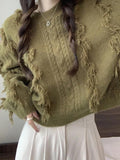 Dodobye-Solid Tassel Cable Knit Sweater