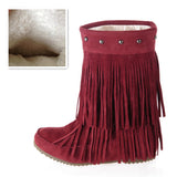 thanksgiving outfit Dodobye Women's 2 Layer Fringe Tassels Flat heel Half knee high Boots fur Shoes Big Size 34-47 Snow Boots Zapotos