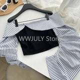 Dodobye 2025 Striped Patchwork Strap Shoulder Top Off Shirts Women's Waist Hot Shorts Short Pants Two Piece Sets Womens Outifits Tops