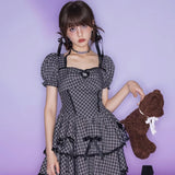 Dodobye Black And Purple Plaid Bow Backless Strap Dress