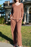 Dodobye V Neck Ribbed Long Sleeve Two-Piece Set