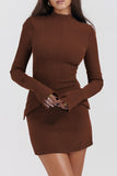 Dodobye Solid Color Mock Neck Bell Sleeve Dress