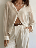 Dodobye Button Front Semi Sheer Long Sleeve Blouse