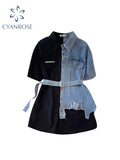 Dodobye Women Denim Patchwork A-line Shirt Dress 90s Vintage Black Short Sleeve Mini Dresses Y2k Elegant One Piece Frocks 2000s Clothes