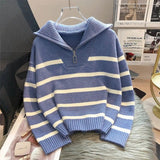 Black Friday Dodobye Korean Striped Knit Pullover Women Half Zip Casual Loose Lazy Autumn Winter Jumpers Pretty Style Basic Warm Female Sweater