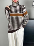 christmas outfit Dodobye Long Sleeves Loose Contrast Color Houndstooth Split-Joint High Neck Pullovers Sweater Tops