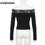 Dodobye Black Lace Stitched Slash Neck Crop Tops Elegant Sexy Skinny Long Sleeve T-Shirts Women Harajuku Y2k Spring Tees Basic