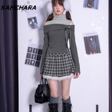 Dodobye Japanese Kawaii Pure Desire One Shoulder Fake Two-piece Knitted Top Spicy Girl Pleated Skirt Set Harajuku Y2K Clothing