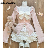 Dodobye Japanese Cute Little Fresh Camisole Y2k Subculture Pink Slimming Cardigan Fashion Patchwork Cake Skirt Three Piece Sets