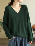 christmas outfit Dodobye Long Sleeves Loose Solid Color V-Neck Sweater Tops